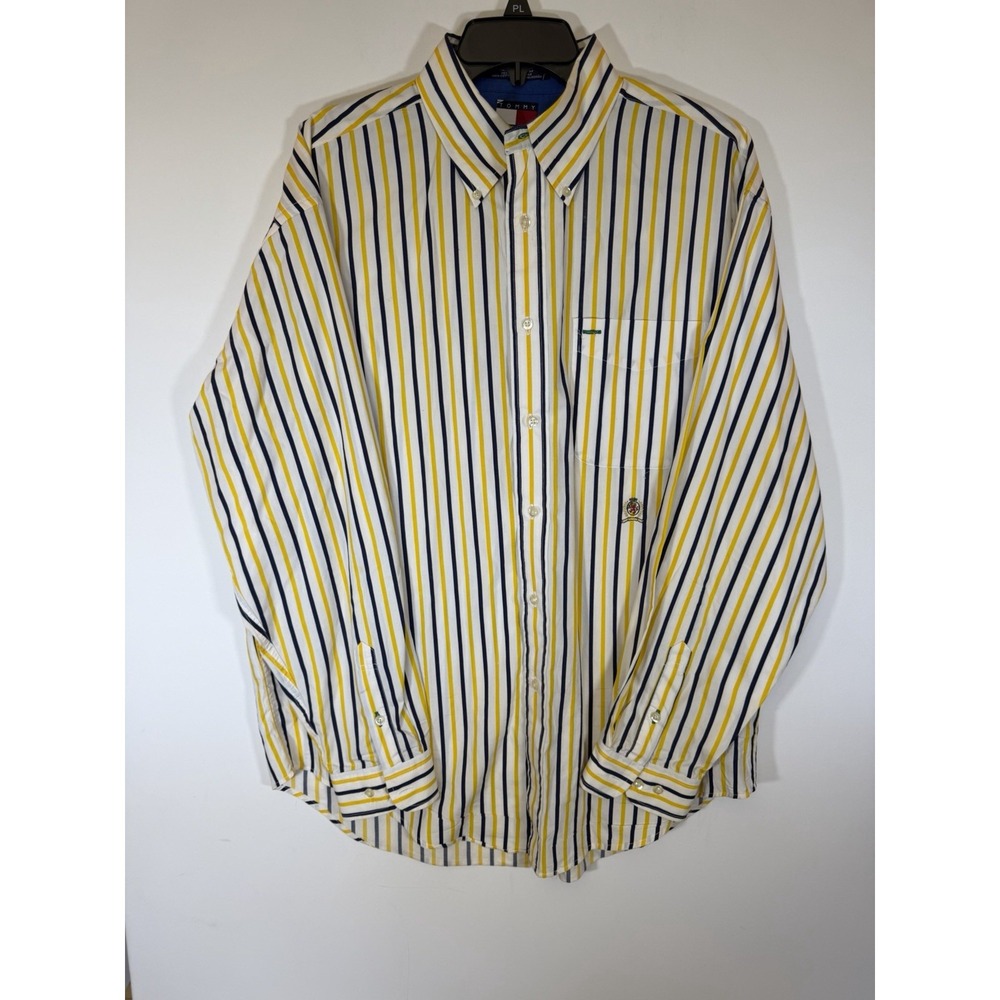 Tommy Hilfiger Shirt Size L Striped Blue Yellow Mens Vintage 90's Button Front - Picture 1 of 7